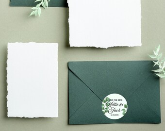 Leafy Green Save the Date Stickers: Printable Wedding Invitation Envelope Seals & Editable Templates