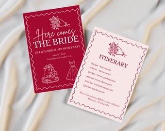 Pink + Red Bridal Shower or Bachelorette Party Invitation Template A5 - Editable, Customisable and Printable