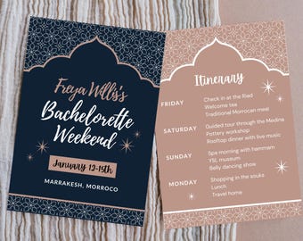 Morocco Hen and Bachelorette Party Itinerary Template in A5 - Editable, Customisable + Printable Invitation
