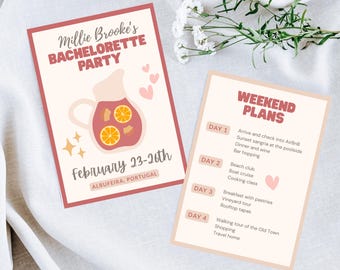 Sangria Portugal Bachelorette or Hen Party Itinerary Template in A5 - Editable, Customisable + Printable Invitation
