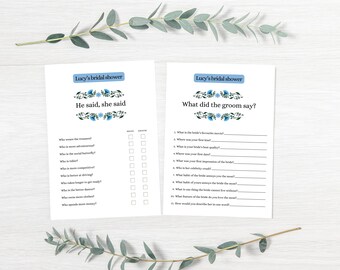 Elegant Blue Floral Bridal Shower & Bachelorette Party Games Bundle: 6 Editable A5 Templates