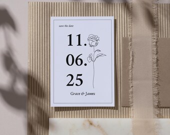 Monochromatic Rose Save the Date Card Template - Editable A6 Wedding Invitation