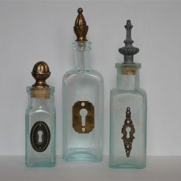 10% OFF SALE- Vintage Blue Glass Medicine Bottle Collection with Keyholes and Finial Stoppers