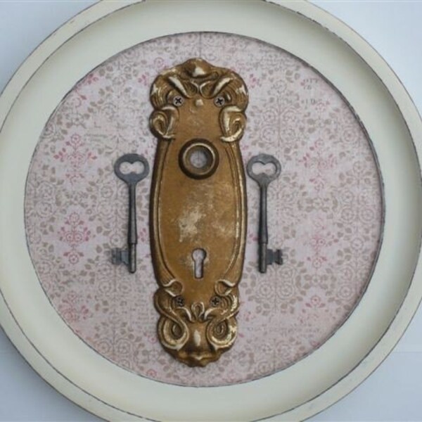 SALE - Vintage Round Framed Keyhole Cover and Skeleton Keys