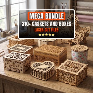 Op de afbeelding: Een verzameling diverse houten kistjes met ingewikkelde lasergesneden patronen, waaronder rechthoekige, hartvormige en cilindrische ontwerpen. Een overlay toont de tekst MEGA BUNDLE 310+ CASKETS AND BOXES LASER-CUT FILES.