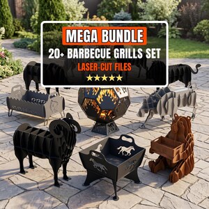 May include: A collection of metal barbecue grills and fire pits featuring various animal shapes and cutout designs. The set includes a black ram, a horse-themed square fire pit, a bear-shaped holder, and a spherical fire pit with flame cutouts.