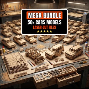 May include: A workbench displays a collection of laser-cut wooden car models, including VW Beetles and Jeeps. The image features a "MEGA BUNDLE" sign with the text "50+ CARS MODELS LASER-CUT FILES". Various stages of assembly are shown, from flat cut panels to completed models.