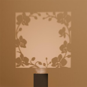 May include: A square light projection on a wall featuring a dark brown silhouette of an orchid vine arranged in a circular wreath pattern. The light source originates from a small, dark, rectangular base positioned directly below the projection.
