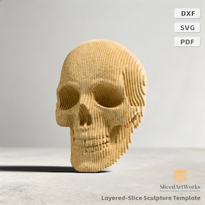 May include: A light tan, layered wooden skull sculpture constructed from vertical slices. The image includes text labels for DXF, SVG, and PDF file formats, along with the text SlicedArtWorks Layered-Slice Sculpture Template at the bottom.