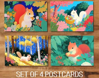 Forest Fairy Tale Postcard Set – Squirrel & Floral Illustration Art Prints