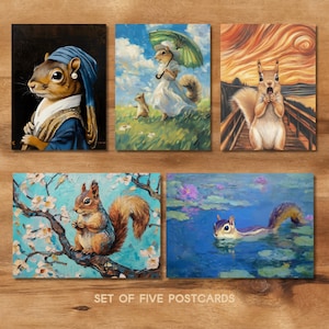 May include: Set of five postcards featuring squirrel artwork. The art includes a squirrel in a blue dress, a squirrel with an umbrella, a squirrel on a bridge, a squirrel on a branch, and a squirrel in water. The text "SET OF FIVE POSTCARDS" is at the bottom.