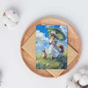 Squirrel with a Parasol Postcard – Inspired by Claude Monet, Impressionist Animal Art, Cute Fine Art Card for Postcrossing or Gifts