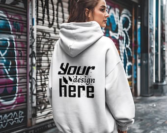 Oversized Hoodie Mockup Backprint Streetwear Graffiti Gildan 18500 white hoodie mockup female model urban - Digital Download