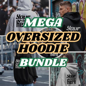 Könnte beinhalten: Ein Bundle aus drei übergroßen Hoodies in Schwarz, Grau und Weiß. Jeder Hoodie trägt den Text "Your design here" auf der Vorderseite.