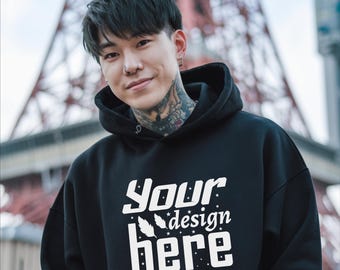 Gildan 18500 Mockup Goth Clothing Mockup Male Asian Model Goth Asian Man Mockup Gothic Pastel Tokyo Tower Japan Streetwear Mockup Trending