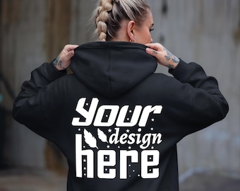 Oversized Hoodie Mockup Backview Streetwear Tattoo Mockup Female Model Black Hoodie Streetstyle Mock Gildan 18500 Mockup Black PNG