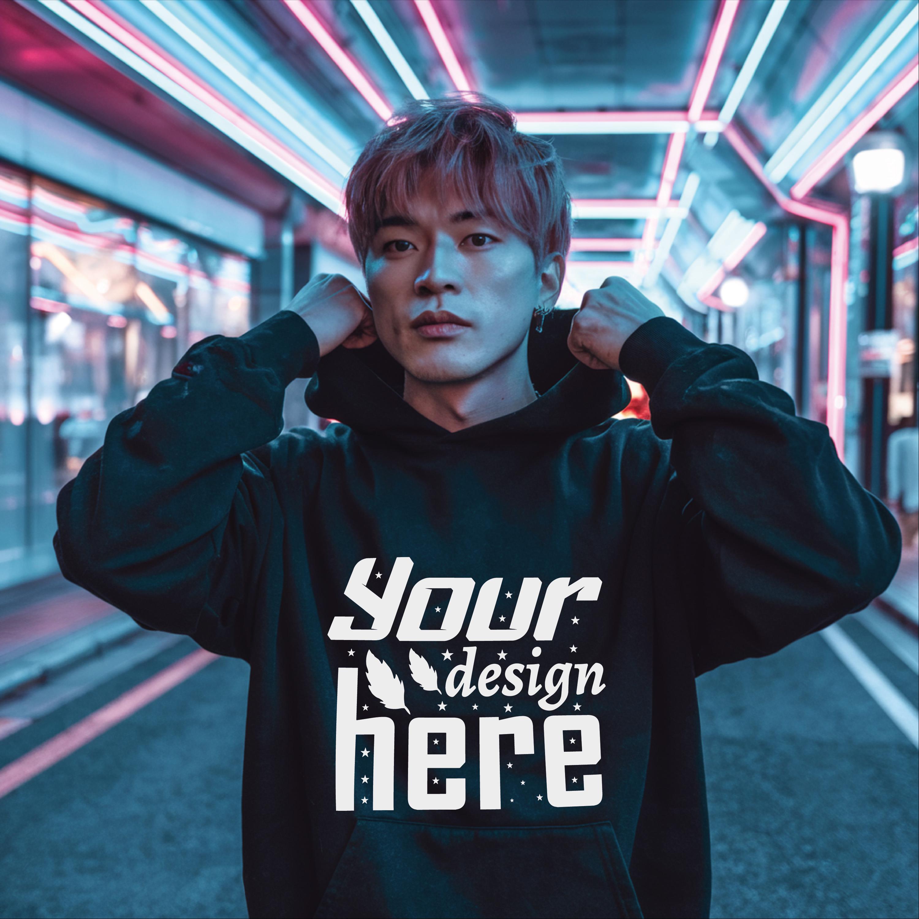 Gildan 18500 Hoodie Adult BLACK Oversized Hoodie Mockup with Young Asian Man, Gamer Male Model Streamer Neon Lights Japan Streetwear Mockup