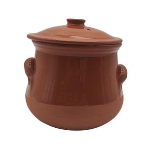 Puede incluir: Una olla de cerámica marrón con tapa. La olla tiene dos asas y una base redondeada. La tapa tiene un pequeño pomo y un orificio de ventilación. La olla está esmaltada y tiene un acabado brillante. Probablemente se utiliza para cocinar guisos o sopas.