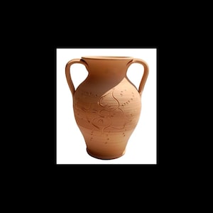 Puede incluir: Un jarrón de terracota con dos asas y un diseño floral.