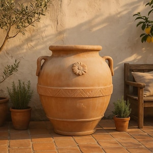 May include: A large, terracotta-colored outdoor planter with two handles and a decorative floral emblem. The planter features a band of geometric designs and is surrounded by smaller potted plants and a wooden bench.