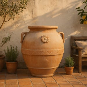 Puede incluir: Gran urna de jardín de terracota con medallón floral y banda geométrica. La urna tiene dos asas y está sobre un patio de ladrillos. Pequeñas plantas en macetas y un banco de madera en el fondo.