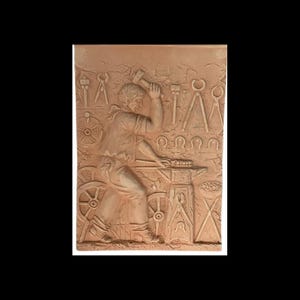 May include: A terracotta relief sculpture of a blacksmith working at an anvil. The sculpture is surrounded by tools, including hammers, horseshoes, and a compass.