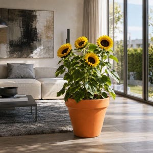 Può includere: Una pianta di girasole in vaso con quattro grandi fiori giallo brillante e centri marrone scuro. La pianta è contenuta in un semplice vaso di terracotta liscio color terracotta con un bordo largo, con foglie verdi e steli robusti.