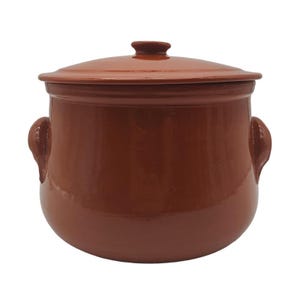 May include: A brown ceramic cooking pot with a lid. The pot has two handles and a rounded shape. The lid has a small knob on top. The pot is glazed and has a glossy finish. The pot is designed for cooking.