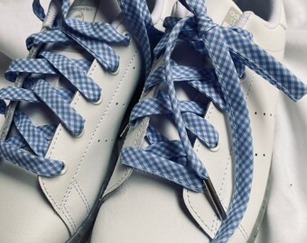 CHECK SHOELACES // constructed in cotton fabric // available in adult and children's sizes - Pale Blue + White Cotton Shoelaces