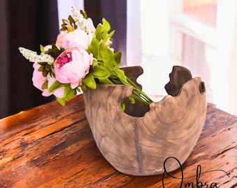 Rustic Hand Carved Wood  Decorative Flower Vase, Decorative Rustic Wood Vase, Wooden Flower Vase