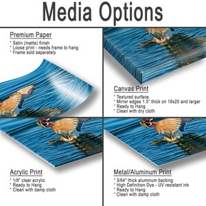May include: Image showcasing four print options: Premium Paper, Canvas Print, Acrylic Print, and Metal/Aluminum Print. Each option features a vibrant image of a duck in water. Text details the finish, thickness, and care instructions for each print type.
