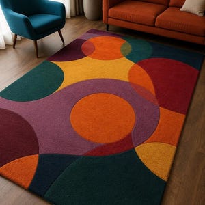 Colorful Geometric Area Rug, Modern Abstract Circle Rug, Hand Tufted Wool Carpet, Contemporary Living Room Rug, Mid Century Modern Decor