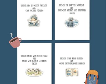 Reise Postkarten Set (4 Stück) – Minimalistische Aquarell Illustrationen | Zitate über Reisen & Freiheit | Geschenk für Reisende