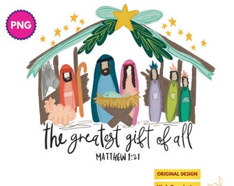 Greatest Gift of all PNG | Bow Nativity Coquette Christmas Sublimation PNG Design | Hand Drawn | Manger PNG| Bow Manger Png | Christmas Bow