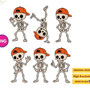 May include: A collection of cartoon skeleton characters in various poses, wearing orange baseball caps. The skeletons are in different stances, including waving, standing with hands on hips, and doing a handstand. The image includes the text "PNG", "ORIGINAL DESIGN", "High Resolution", and "MADE IN USA".