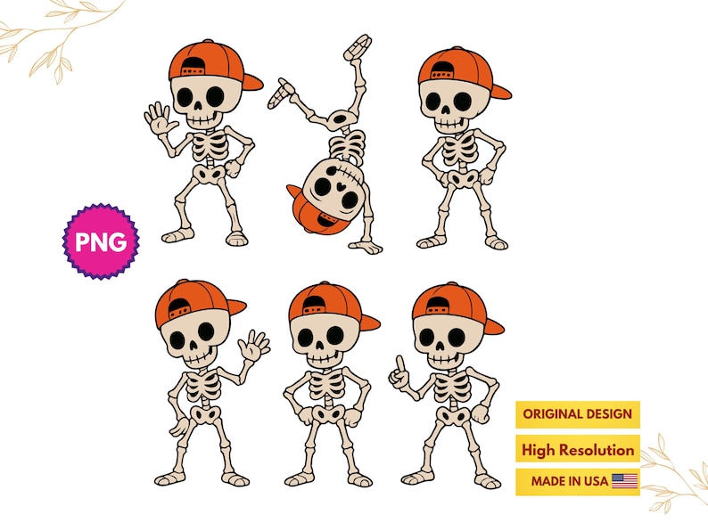 May include: A collection of cartoon skeleton characters in various poses, wearing orange baseball caps. The skeletons are in different stances, including waving, standing with hands on hips, and doing a handstand. The image includes the text "PNG", "ORIGINAL DESIGN", "High Resolution", and "MADE IN USA".