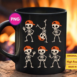 May include: Black ceramic mug featuring a playful skeleton design. The skeletons wear orange caps and are in various poses. The mug has the text "ORIGINAL DESIGN", "High Resolution", and "MADE IN USA".
