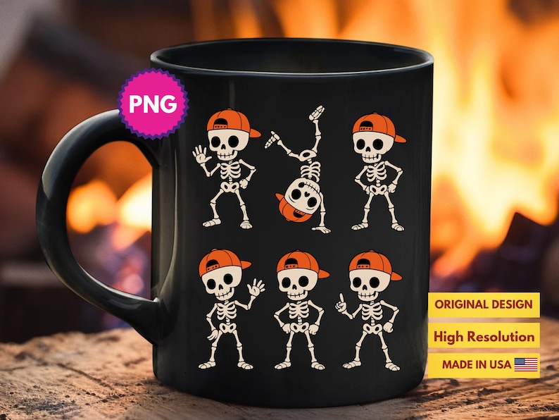 May include: Black ceramic mug featuring a playful skeleton design. The skeletons wear orange caps and are in various poses. The mug has the text "ORIGINAL DESIGN", "High Resolution", and "MADE IN USA".