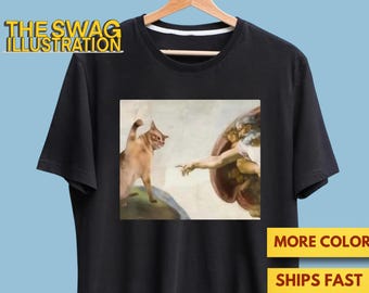 Funny Cat Shirt, Cat Meme Shirt, Cat God Creation Of Adam Meme Shirt, Michelangelo Art, Jesus Meme Gift Shirt, Ultra Soft Premium Tee