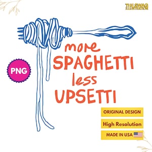 Mer spagetti, mindre upprörd rolig ordvits PNG, rolig matordvits digital fil, spagettiskämt med hög upplösning PNG