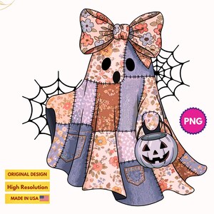 Patchwork-spöke PNG, spetsspöke PNG, retro Halloween PNG, läskig säsong PNG, kokettspöke PNG, höstkokett PNG, preppy höst PNG