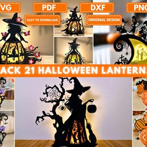 May include: A collection of Halloween-themed lanterns in various designs. The image showcases several laser-cut paper lanterns, including witch silhouettes, pumpkin shapes, and cauldron designs. The text "PACK 21 HALLOWEEN LANTERNS" is displayed.