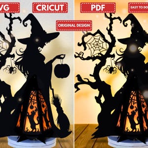 May include: A black Halloween-themed paper cut-out featuring a witch silhouette holding a pumpkin, with a tree, spiders, and a web design. The design includes the text "SVG", "CRICUT", "PDF", "ORIGINAL DESIGN", and "EASY TO DOWNLOAD".
