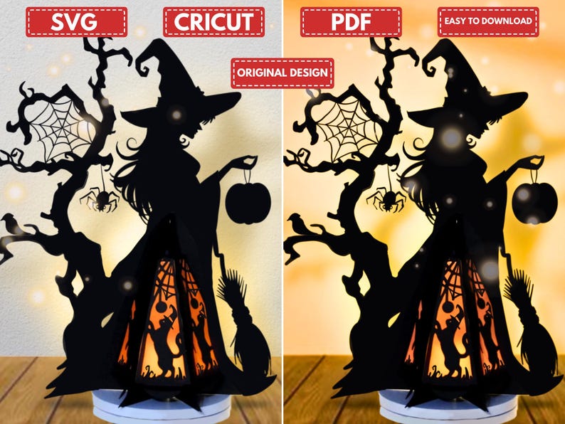 May include: A black Halloween-themed paper cut-out featuring a witch silhouette holding a pumpkin, with a tree, spiders, and a web design. The design includes the text "SVG", "CRICUT", "PDF", "ORIGINAL DESIGN", and "EASY TO DOWNLOAD".