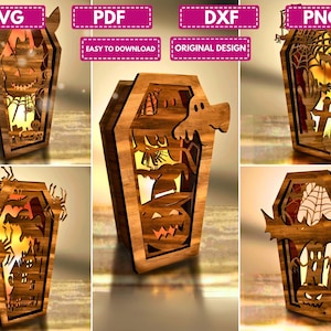 Pack 5 Coffins Candle Holder Laser Cut Files Bundle Halloween DXF, Lantern SVG Laser, 3D File Laser Cutting Lantern Template CNC Machine
