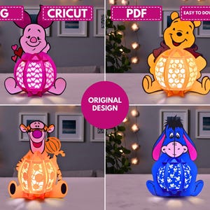 May include: Four colorful paper lanterns featuring beloved cartoon characters. Each lantern has a spherical, illuminated center with a unique design. The characters include Winnie the Pooh, Piglet, Tigger, and Eeyore. The image also includes the text "SVG", "CRICUT", "PDF", and "EASY TO DOWNLOAD".