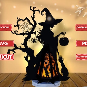 May include: A black silhouette of a witch holding a pumpkin lantern, with a tree and spiderweb design. The lantern has a cat silhouette inside. The image includes the text "INSTRUCTIONS", "SVG", "CRICUT", "ORIGINAL DESIGN", "PDF", and "EASY TO DOWNLOAD".