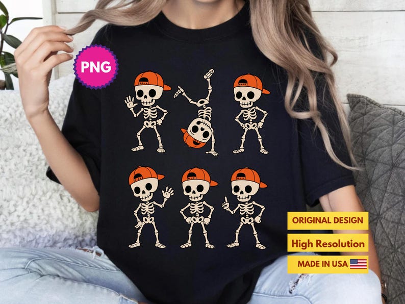 May include: Black t-shirt featuring cartoon skeletons wearing orange baseball caps. The skeletons are in various poses, including waving, standing with hands on hips, and doing a handstand. The shirt has the text "ORIGINAL DESIGN", "HIGH RESOLUTION", and "MADE IN USA".