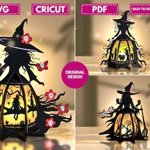 Könnte beinhalten: Schwarze, hexenförmige Papierlaterne mit Hut, die eine Laterne hält und mit roten Totenkopfblumen und Schmetterlingen verziert ist. Die Laterne hat ein Aussparungsdesign mit einer Halloween-Szene im Inneren. Der Text "SVG", "CRICUT", "PDF" und "EASY TO DOWNLOAD" ist enthalten.