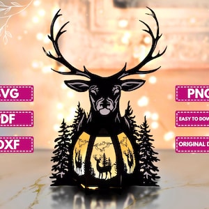 May include: Black deer silhouette lantern with forest and deer cutouts. The lantern features a deer head with large antlers. The image includes text labels: SVG, PDF, DXF, PNG, Easy to Download, and Original Design.